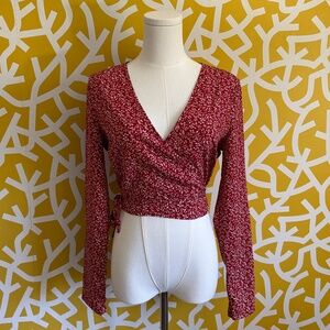 Shein Red White Floral V-Neck Cropped Wrap Long Sleeve Blouse - Small (4)